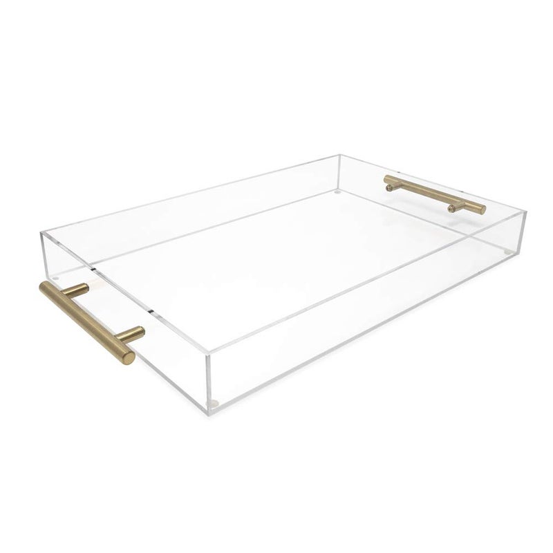 Isaac Jacobs Clear Acrylic Serving Tray (11x17) with Gold Metal Handles, Spill-Proof, Stackable Organizer, Food & Drinks Server, Indoors/Outdoors, Lucite Storage DÃ©cor (11x17, Clear with Gold Handle) - Image 1